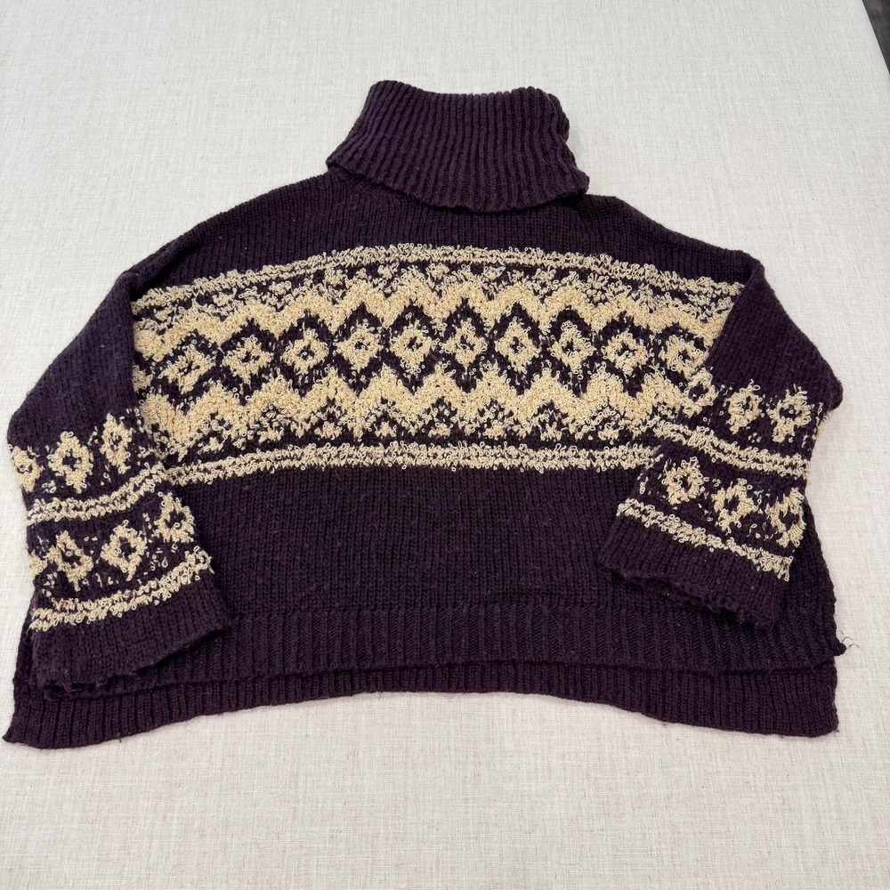 Free People Sweater Womens Medium Purple Wool Turtleneck Fair Isle Knit Pullover